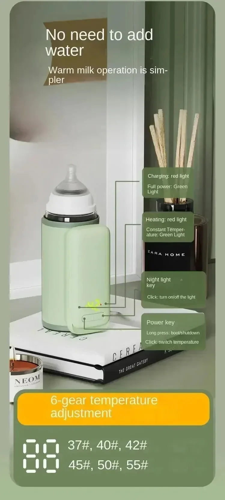 Portable Baby Bottle Warmer 6Heat Level with LCD Screen Breast Milk Warmer Accurate Temperature Control USB Bottle for Travel