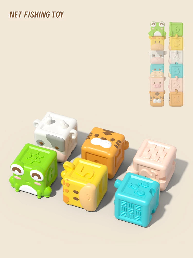 Baby Soft Building Blocks Toys Soft Teething Toy for Babies 3D Cube Animal Bath Toys Baby Early Educational Matching Sensory Toy