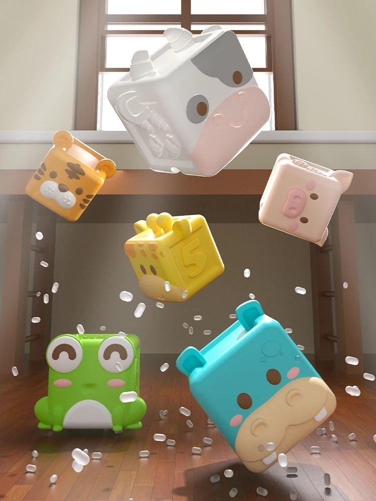 Baby Soft Building Blocks Toys Soft Teething Toy for Babies 3D Cube Animal Bath Toys Baby Early Educational Matching Sensory Toy