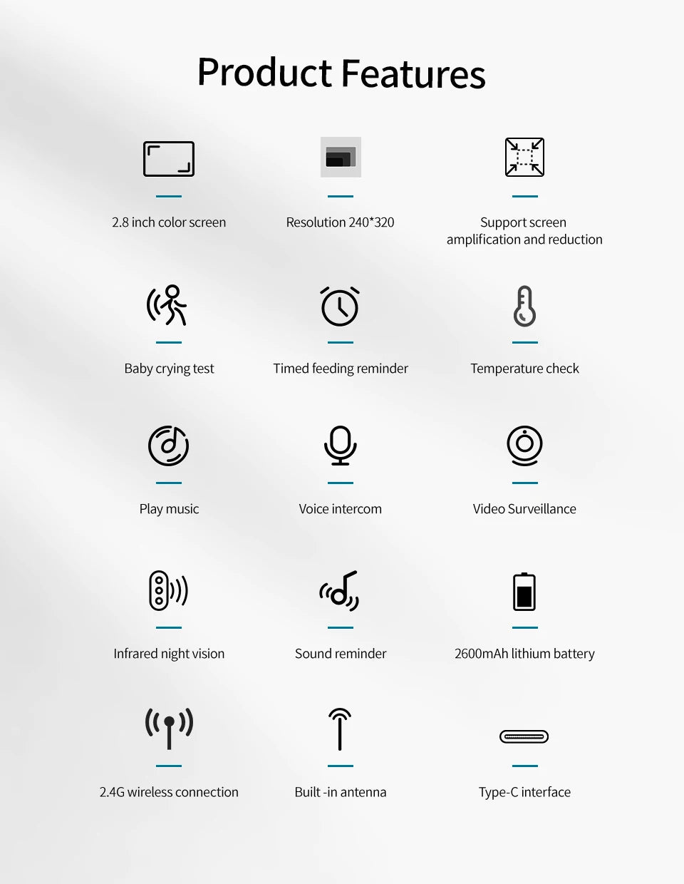 Baby Care Infrared Night Vision Breastfeeding Reminder Temperature Detection Lullaby Wireless Connection Video Surveillance