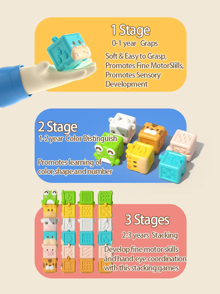 Baby Soft Building Blocks Toys Soft Teething Toy for Babies 3D Cube Animal Bath Toys Baby Early Educational Matching Sensory Toy